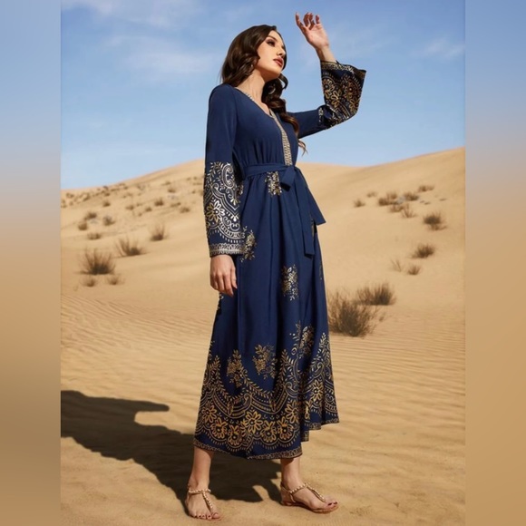 Gold Floral Print Contrast Tape Belted Kaftan Maxi Dress - Picture 5 of 10